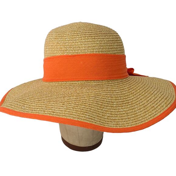 Charming Charlie broad brimmed floppy straw hat orange trim - Picture 3 of 8